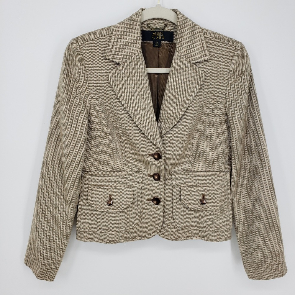 Vintage Y2K Allen by A.B.S. Herringbone Blazer Jacket Women 4 Brown Tweed Preppy